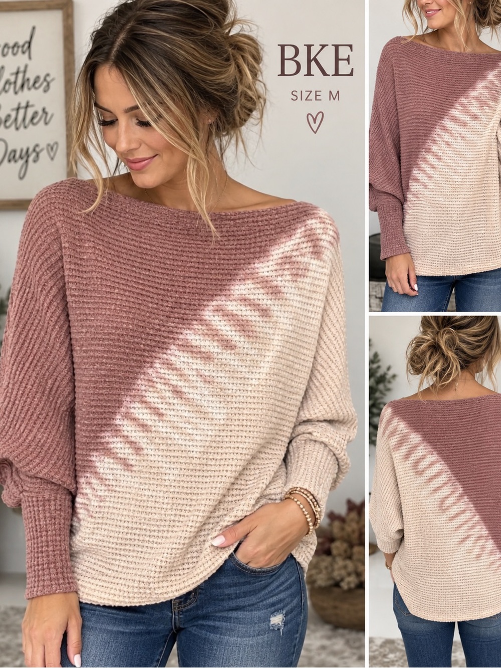 BKE Women's Diagonal Two-Tone Rose & Cream Off-the-Shoulder Sweater
